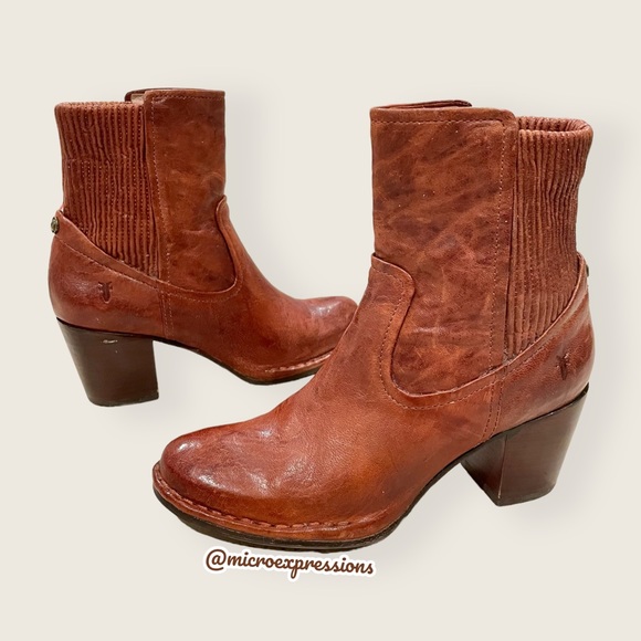 Frye Lucinda Scrunch Real Cognac Brown Leather Stretchy Heeled Short Ankle Boot - Picture 13 of 13